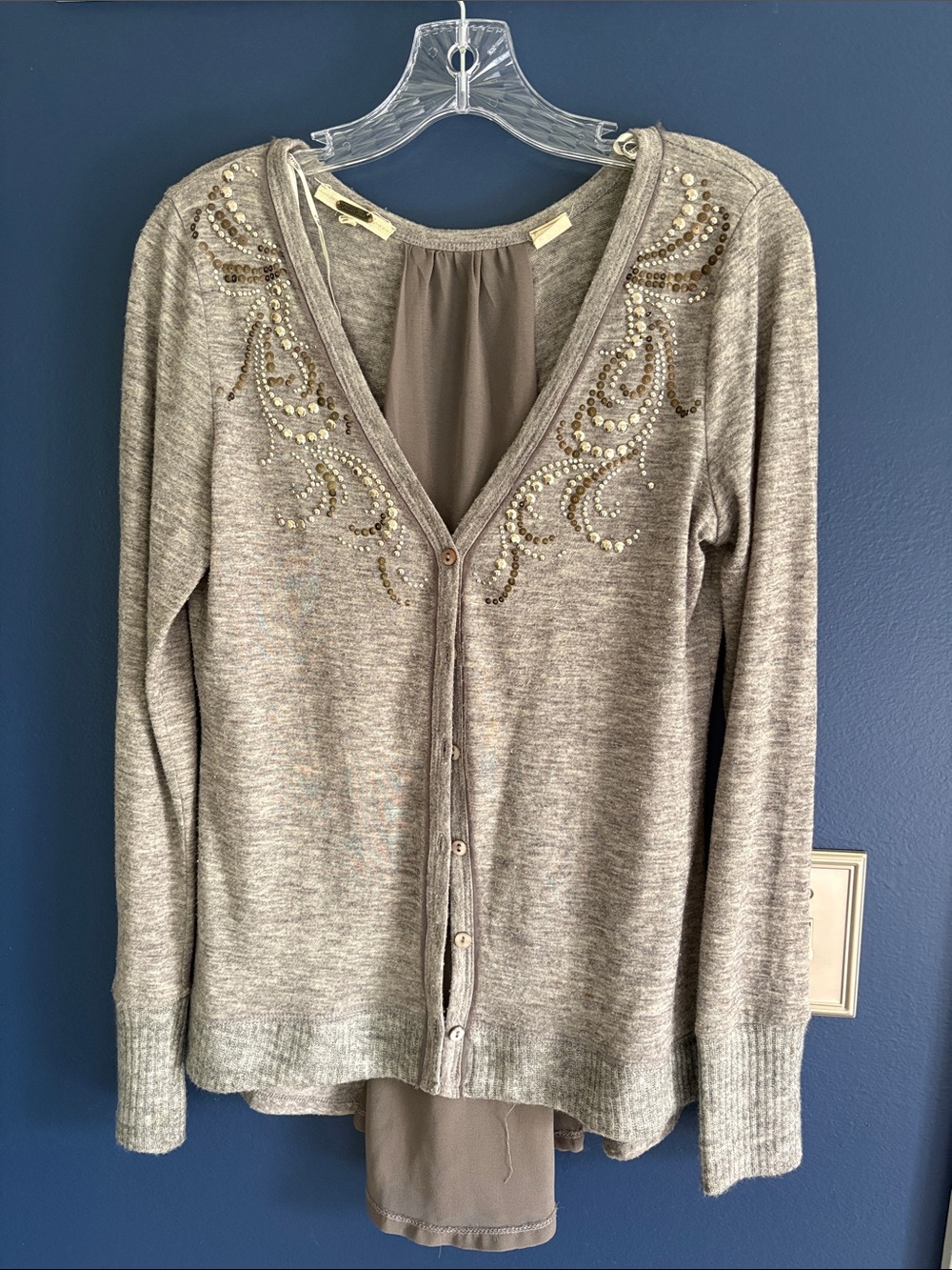 Miss Me Taupe Embellished V-Neck Cardigan